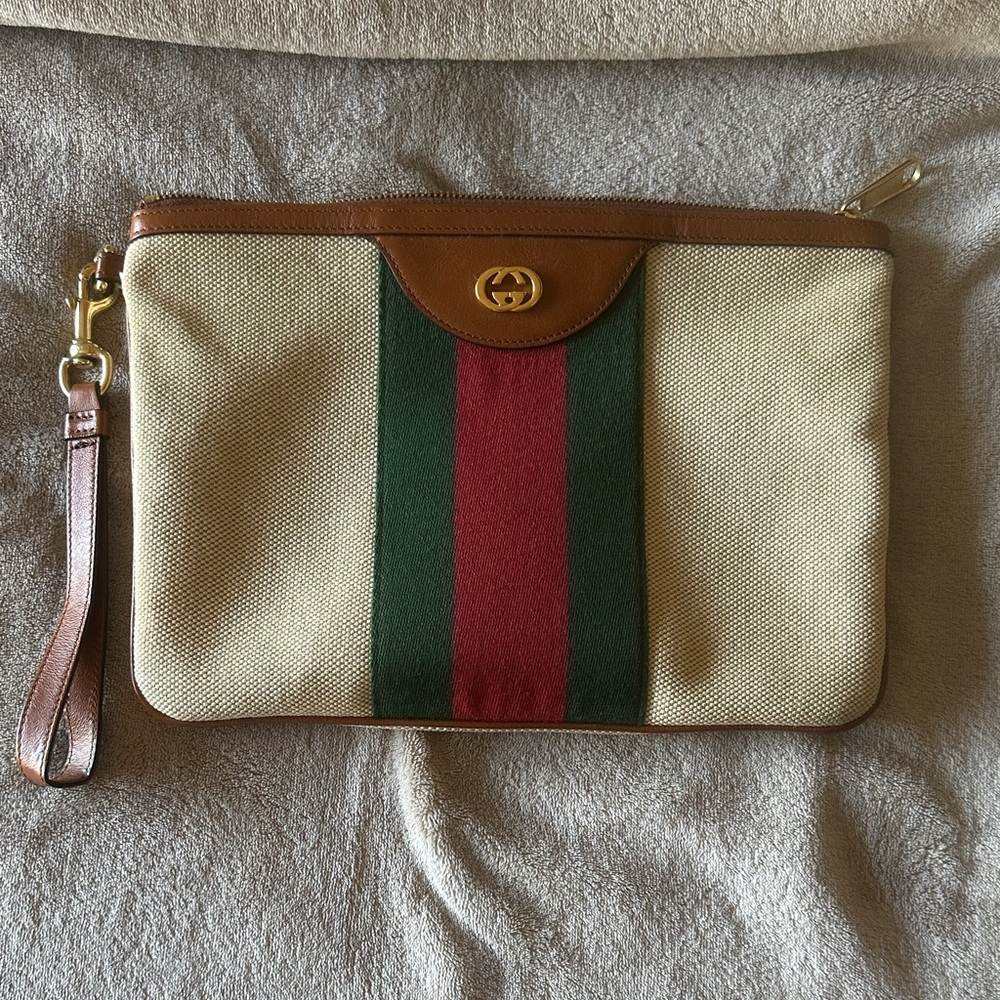 Gucci Beige and Brown Clutch with Red and Green Stripe